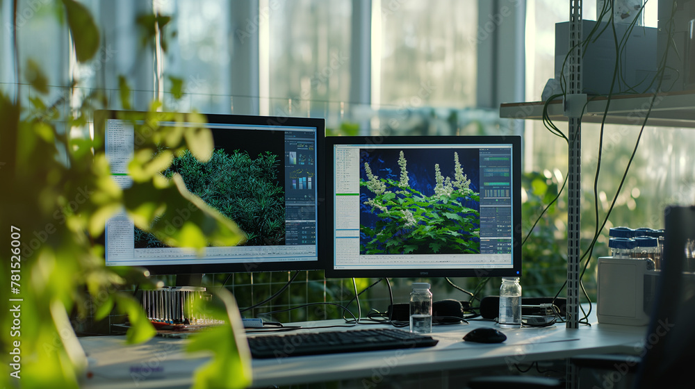 Poster a research lab with dual monitors displaying advanced predictive analytics for assessing the greenne