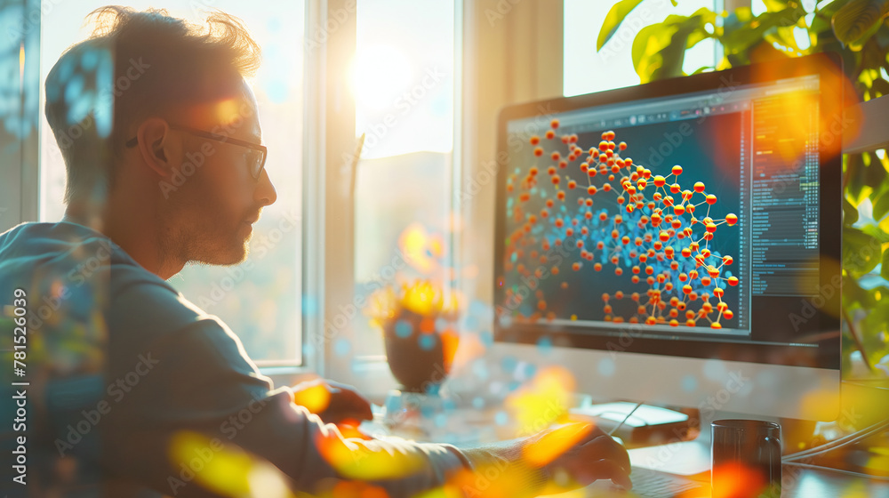 Poster a chemist analyzing a colorful 3d printout of a molecule, with computational analysis tools running 