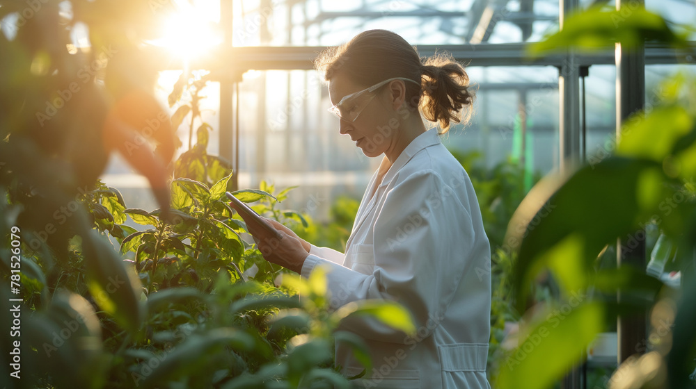 Poster a scientist at work in a greenhouse laboratory, using a tablet to compare the real-world effects of 