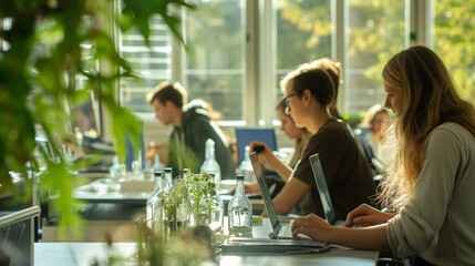 An educational workshop where students use interactive software to learn about sustainable chemistry and predict the ecological footprint of various compounds. The classroom is bat