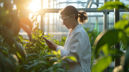 A scientist at work in a greenhouse laboratory, using a tablet to compare the real-world effects of chemicals on plant life with computational predictions. The integration of digit