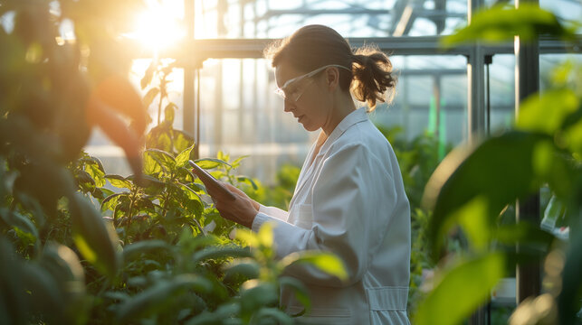 A scientist at work in a greenhouse laboratory, using a tablet to compare the real-world effects of chemicals on plant life with computational predictions. The integration of digit - Powered by Adobe