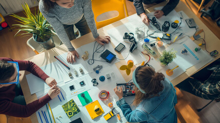 Engineers collaborate around a table with various bioelectronic components, brainstorming the integration of these materials into wearable health devices. The room is filled with n - obrazy, fototapety, plakaty
