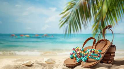 Summer vibes. Tropical landscape, beaded sandals on the beach under palm trees. Blue ocean in the background. Horizontal banner