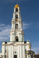 View of Bell tower on the territory of the Trinity Lavra of St. Sergius in Sergiyev Posad, Russia