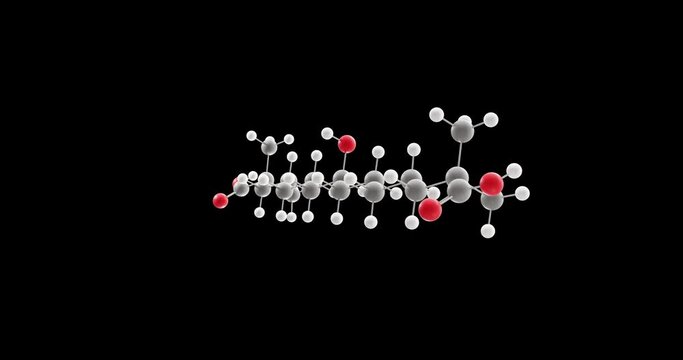 Bempedoic acid molecule, rotating 3D model of hypercholesterolemia medication, looped video on a black background