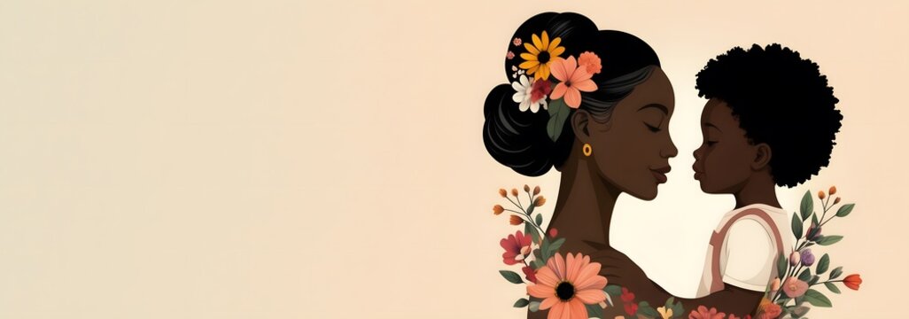 Mother's Day, side face of black mother with black baby and flowers in 3D render style with copy space for Mother's Day