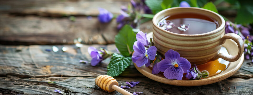 tea with violet and honey on the background of nature