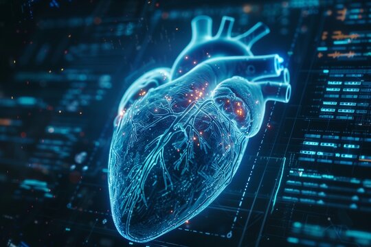 Digitally generated image of a heart against medical biology interface in blue