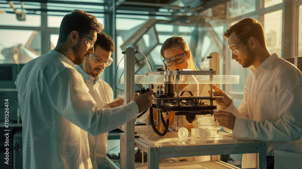 Poster a team of scientists collaborates around a 3d bioprinter, discussing the customization of bioinks fo