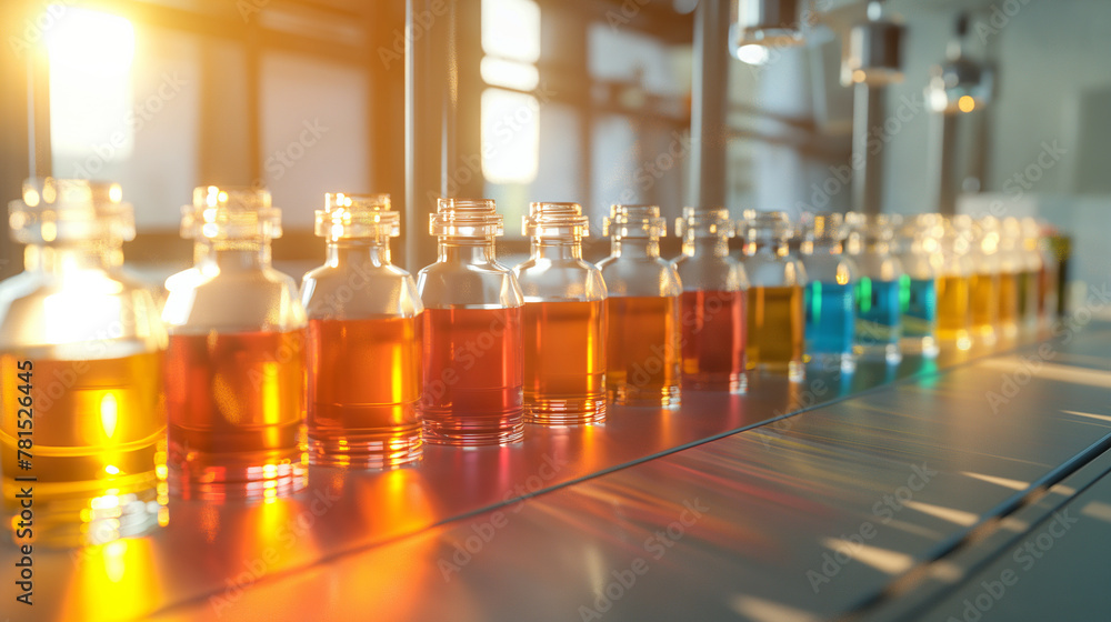Aufkleber vials of colorful bioinks lined up on a laboratory bench, each color representing a different cell t