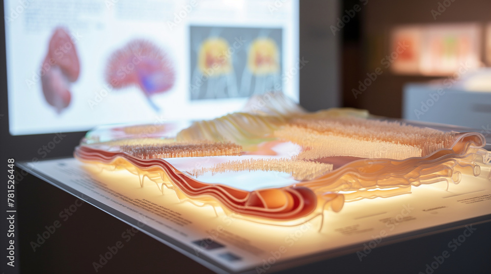 Aufkleber an educational display showing a cross-section of a bioink-printed organ, explaining the layers and 