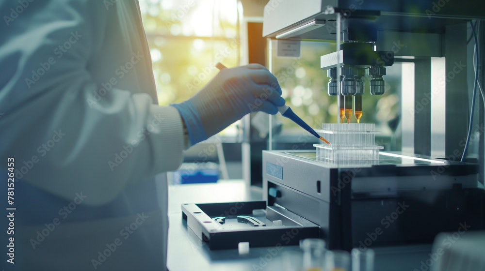 Poster a scientist uses a pipette to add bioink to a 3d printer cartridge in a sunlit lab, preparing for a 