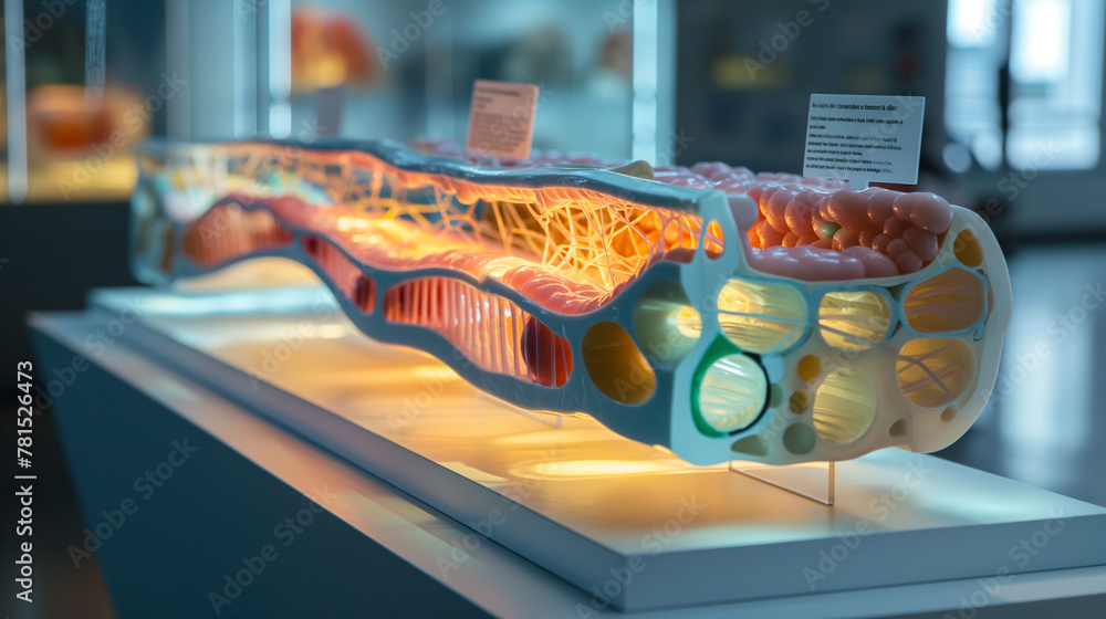 Aufkleber an educational display showing a cross-section of a bioink-printed organ, explaining the layers and 