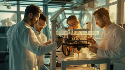 Fototapeta na wymiar A team of scientists collaborates around a 3D bioprinter, discussing the customization of bioinks for a specific patient's organ transplant. The room is bathed in sunlight, casting