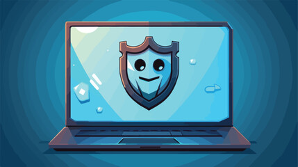 Laptop computer with shield and key 2d flat cartoon