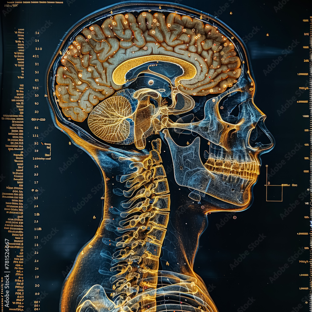 Aufkleber a close-up x-ray image showing a detailed view of a brain with a skull positioned beside it.