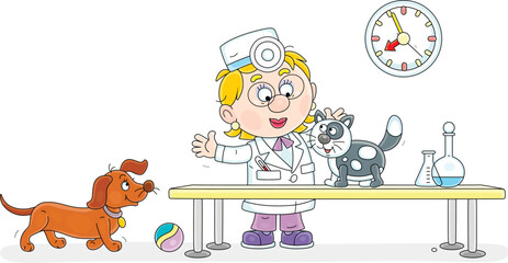Good doctor veterinarian in a white hospital gown friendly smiling and examining funny patients cat and dog in a medical office of a veterinary clinic, vector cartoon illustration on a white backgroun