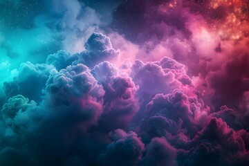 A mesmerizing view of fluffy clouds illuminated by a blend of celestial pink and blue hues, evoking a dreamlike cosmic atmosphere.