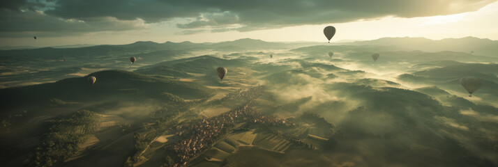 Top view of green landscape and mountain valleys and colorful hot air balloons flying in the sky,...