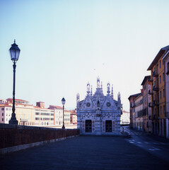 View of the Santa Maria della Spina Church in Pisa, shot with analogue film - obrazy, fototapety, plakaty