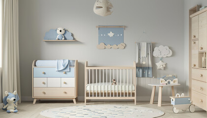 Interior of light children's bedroom with drawers, crib and table