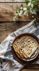 Obraz na płótnie Canvas Happy Passover - Happy Pesach. Traditional Passover bread on wooden table. Vertical banner, tiktok or instastory background