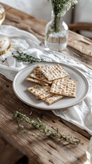 Fototapeta na wymiar Happy Passover - Happy Pesach. Traditional Passover bread on wooden table. Vertical banner, tiktok or instastory background