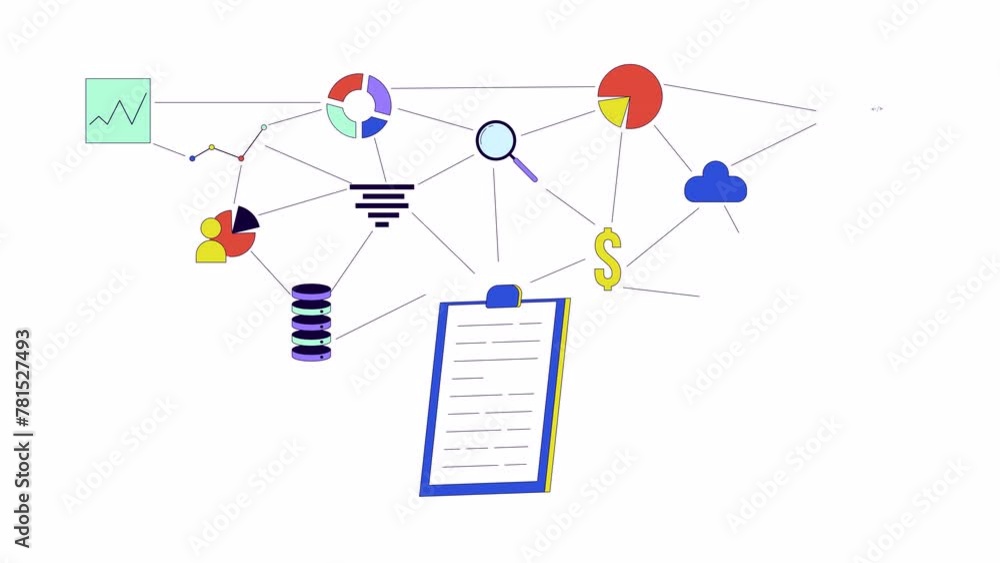Poster clipboard data analytics line 2d object animation. chart graphs, finance, programming flat color car