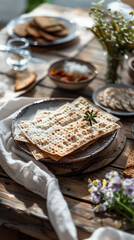 Naklejka na ściany i meble Happy Passover - Happy Pesach. Traditional Passover bread on wooden table. Vertical banner, tiktok or instastory background