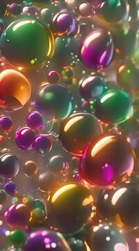 colorful bubbles moving arround in a glittering liquid, vertical background video for happy moments