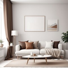  Living room with white empty walls - light mockup for canvas art. Accent brown pillow and curtain details. Scandinavian modern minimal interior design lounge Livingroom home or office. 3d rendering 
