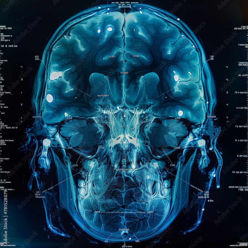 Poster a close-up x-ray image showing a detailed view of a brain with a skull positioned beside it.