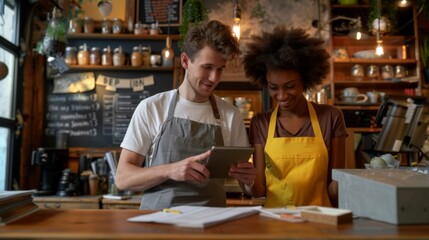 Cafe Workers Engaging with Tablet