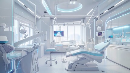 Fototapeta na wymiar In this futuristic dental office, a sleek and modern aesthetic prevails with white walls and accents of blue, creating a calming atmosphere 