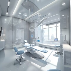 Fototapeta na wymiar In this futuristic dental office, a sleek and modern aesthetic prevails with white walls and accents of blue, creating a calming atmosphere 