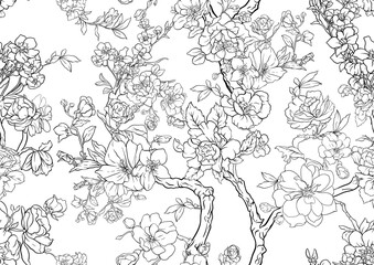 Blossom trees with rose, peony, chrysanthemum, Seamless pattern, background. Outline Vector illustration. In Chinoiserie, botanical style - 781528656
