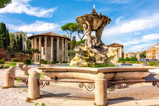Fountain of Tritons and Temple of Hercules Victor in Rome, Italy