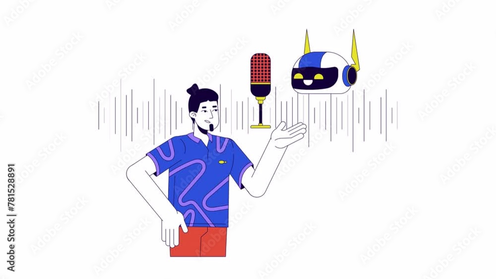 Poster natural language generation line 2d animation. artificial intelligence and caucasian man talking mic
