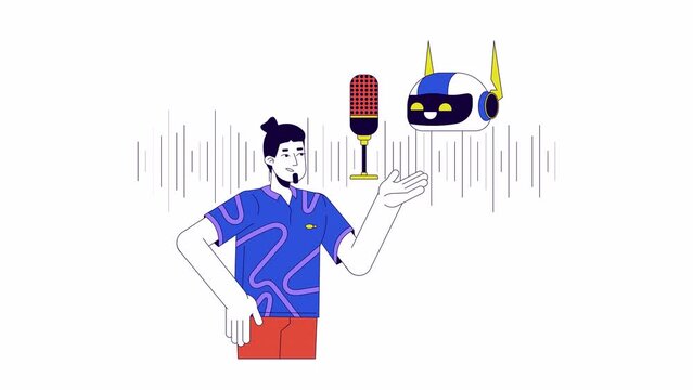 Natural language generation line 2D animation. Artificial intelligence and caucasian man talking mic 4K video motion graphic. Voice recording linear animated cartoon flat concept, white background