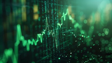 Market analysis graph, eye level, prominent green arrow, rising figures, symbolizing stock price surge