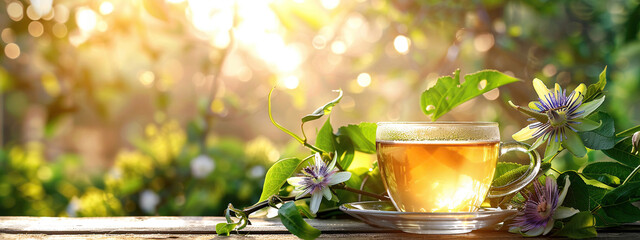 cup of passionflower tea on the background of nature - obrazy, fototapety, plakaty