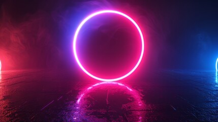 Minimalistic design, pulsating neon circle at the center, dark background, embodies powerful EDM essence