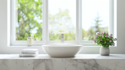 Fototapeta na wymiar White Bathroom Marble Countertop With Copy Space On Blurred Window Background