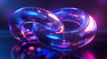 Purple and blue twisted torus, 4 sided, made of data strings, set against abstract aurora tinged black, redshift octane vision, 50mm lens