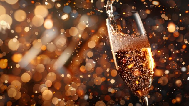 New Year is  Eve bash, eye level, champagne burst, golden confetti rain, lively year end celebration background