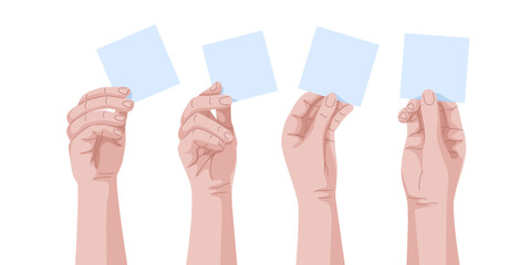 Arms raised hands holding a speech bubble paper blank set. Man or woman palm can holding anything you want. Collection of templates for messages, advertising, notes, reminders. Realistic anime style.