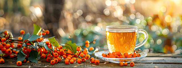tea with sea buckthorn on the background of nature - obrazy, fototapety, plakaty