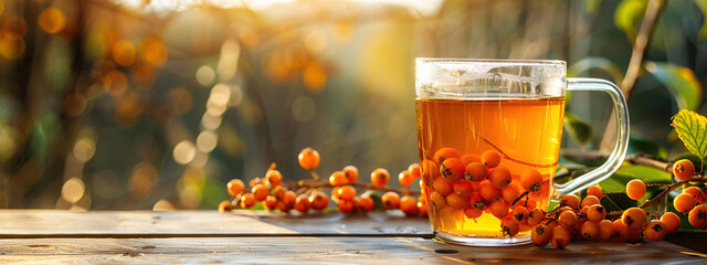 tea with sea buckthorn on the background of nature - obrazy, fototapety, plakaty