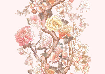 Blossom trees with rose, peony, chrysanthemum, Seamless pattern, background. Vector illustration in Chinoiserie, botanical style - 781529667